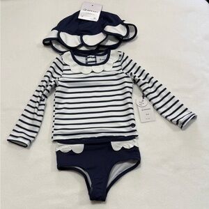 Infant Girl 24M Sperry Striped Navy & White Rashguard Swim Bottom W/Hat Set NWT